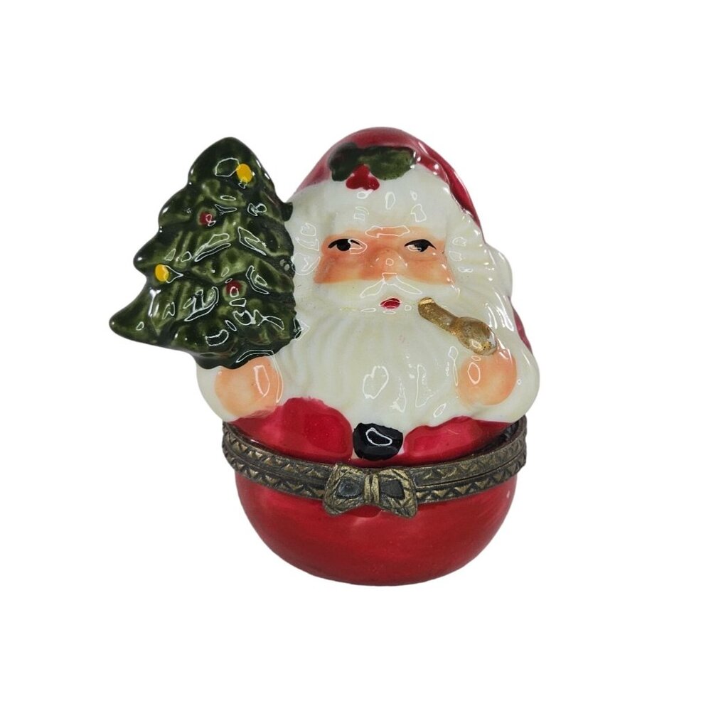 Vintage Santa Claus Trinket Box Ceramic Christmas Decor Holding Tree